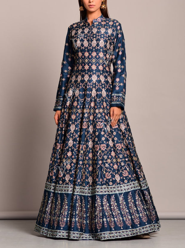 Blue Silk Handcrafted Anarkali Gown