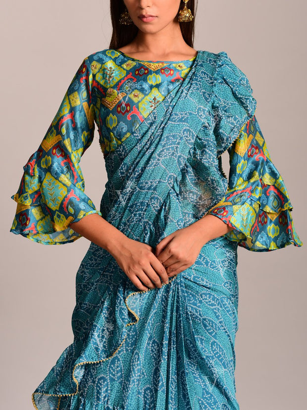 Light Blue Bandhani Printed Pre Draped Saree