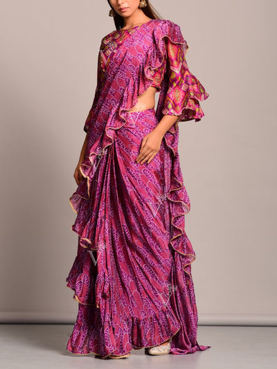 Purple Bandhani Printed Pre Draped Saree