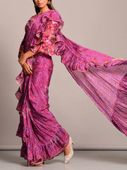 Purple Bandhani Printed Pre Draped Saree