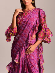 Purple Bandhani Printed Pre Draped Saree