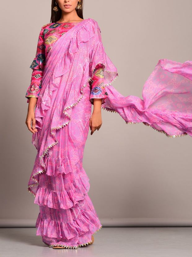 Light Pink Bandhani Printed Pre Draped Saree