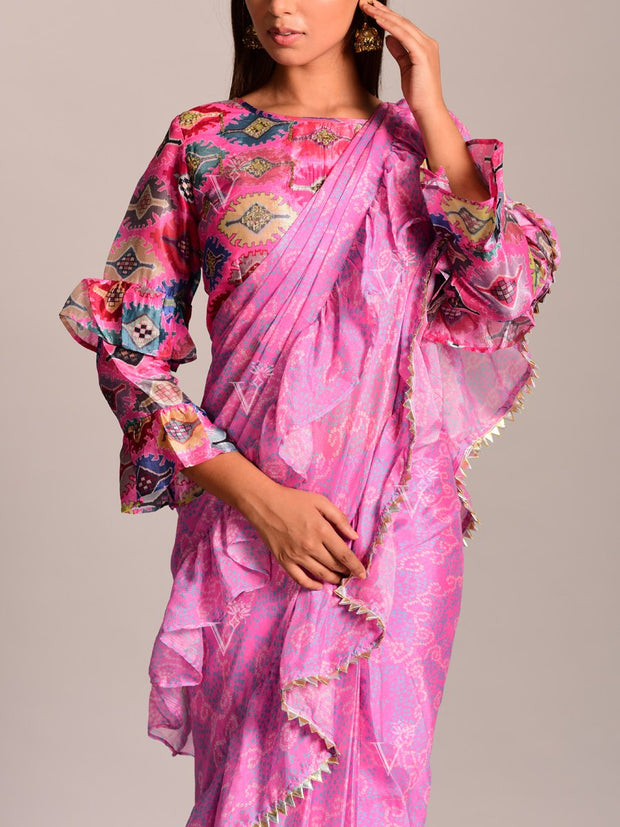 Light Pink Bandhani Printed Pre Draped Saree