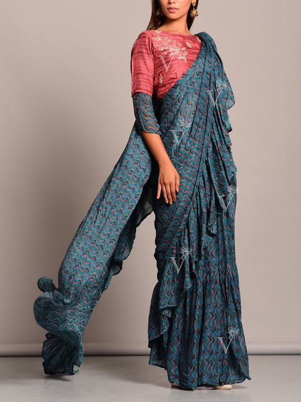 Teal Blue Printed Pre Draped Saree