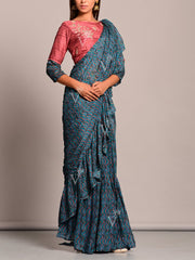 Teal Blue Printed Pre Draped Saree