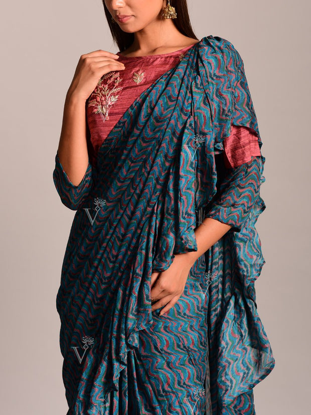 Teal Blue Printed Pre Draped Saree