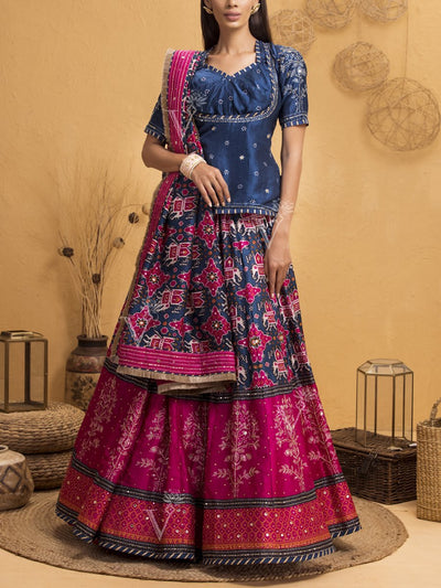 Blue And Pink Patola Lehenga With Rajputi Tunic