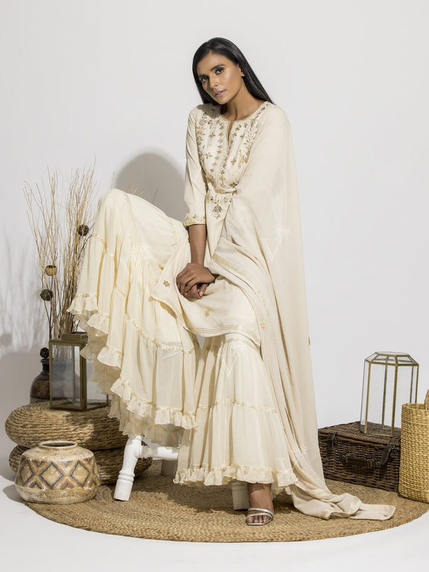 Handcrafted Off White Gota Patti Silk Sharara Set