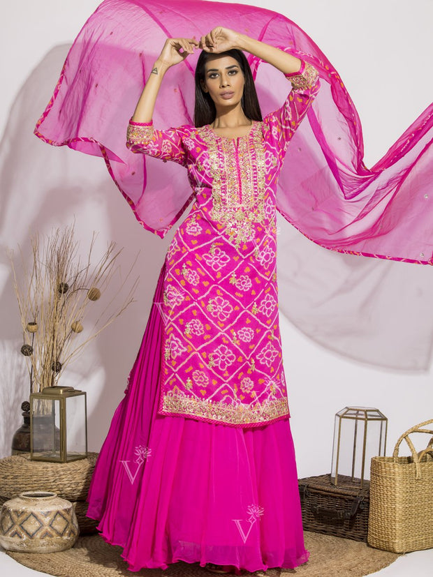 Pink Lehenga With Bandhani Gota Patti Kurti