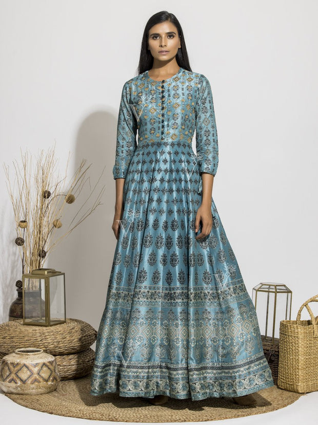 Frosty Blue Silk Handcrafted Anarkali Gown