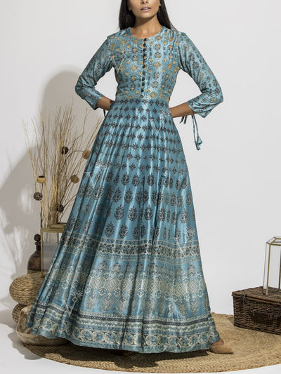 Frosty Blue Silk Handcrafted Anarkali Gown