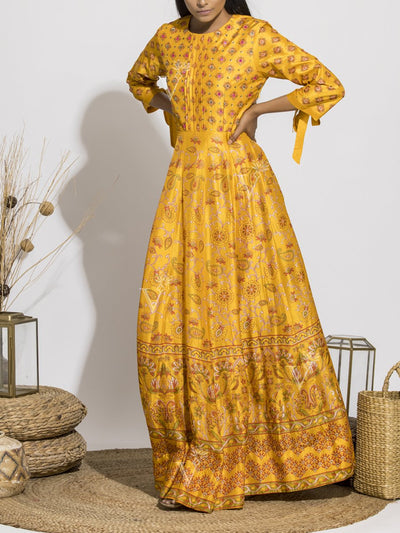 Mango Yellow Silk Handcrafted Anarkali Gown