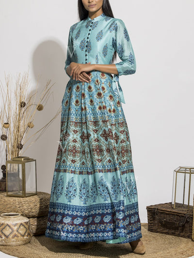 Cyan Blue Silk Printed Anarkali Gown