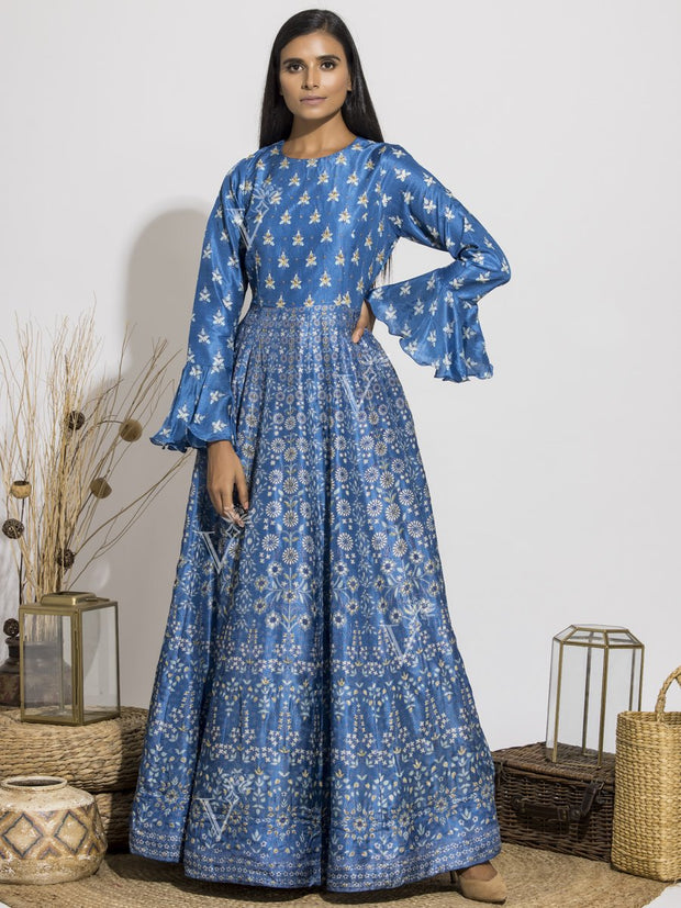 Persian Blue Silk Handcrafted Anarkali Gown