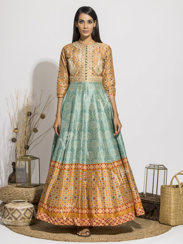 Sage Green Silk  Anarkali Gown