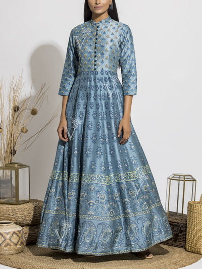 Sea Blue Silk Handcrafted Anarkali Gown