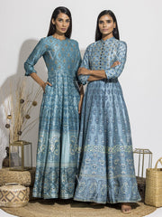 Airforce Blue Handcrafted Silk Anarkali Gown