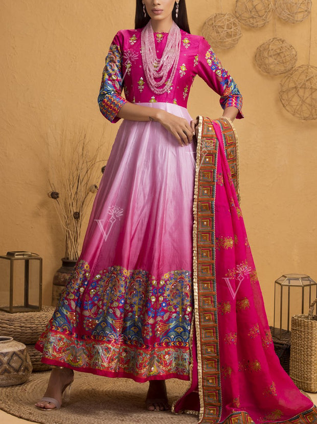 Pink Ombre Silk Anarkali Gown