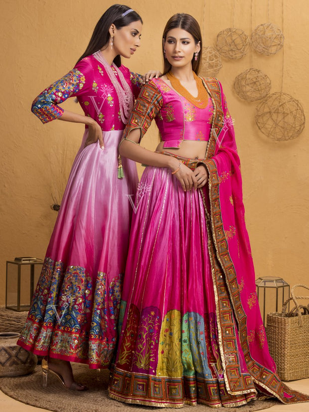 Pink Ombre Mughal Handcrafted Lehenga Set