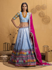 Cyan Blue Handcrafted Silk Lehenga Set