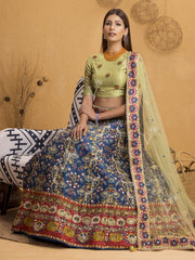 Midnight Blue And Laurel Green Silk Handcrafted Lehenga Set