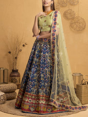 Midnight Blue And Laurel Green Silk Handcrafted Lehenga Set