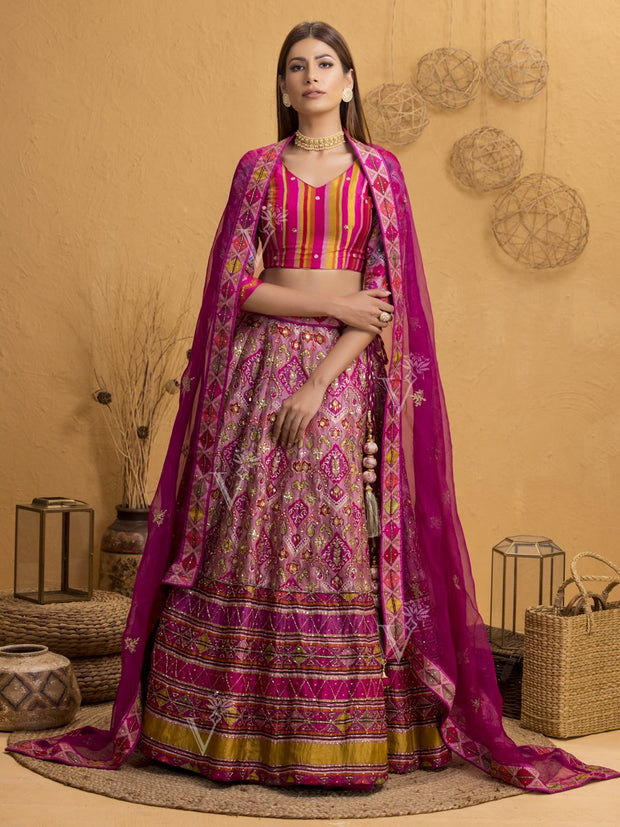 Deep Pink Handcrafted Silk Lehenga Set