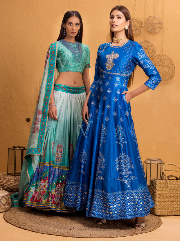 Aqua Blue Handcrafted Silk Lehenga Set