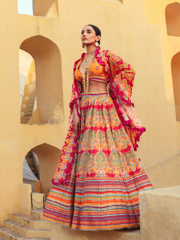 Ochre Lehenga with Ruffled Drape - Mimosa Dreams