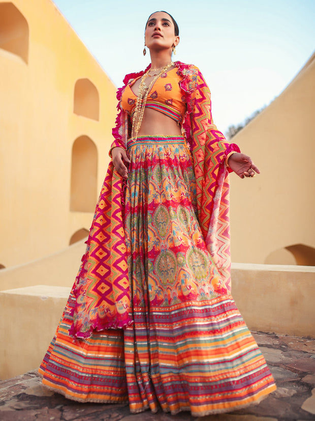 Ochre Lehenga with Ruffled Drape - Mimosa Dreams