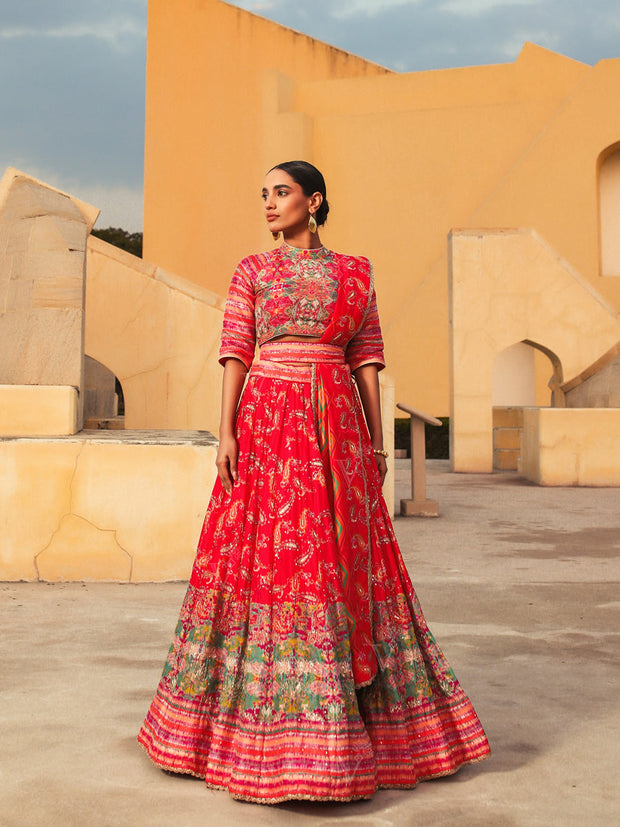 Red Vasansi Silk Lehenga - Mimosa Dreams