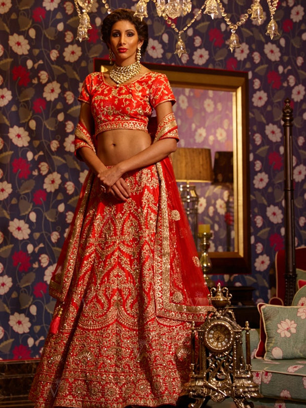 Red Raw Silk Bridal Lehenga Set - 2016