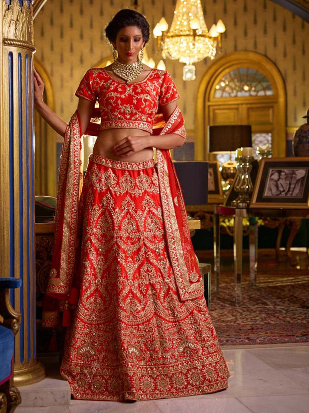 Red Raw Silk Bridal Lehenga Set - 2016