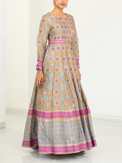 Grey Silk Printed Anarkali Gown