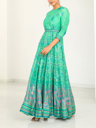 Turquoise Silk Printed Anarkali Gown