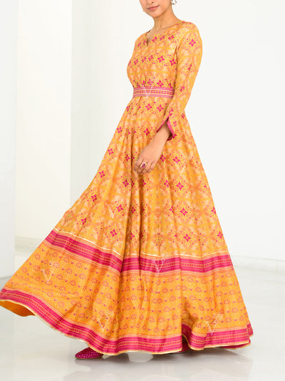 Mustard Silk Printed Anarkali Gown