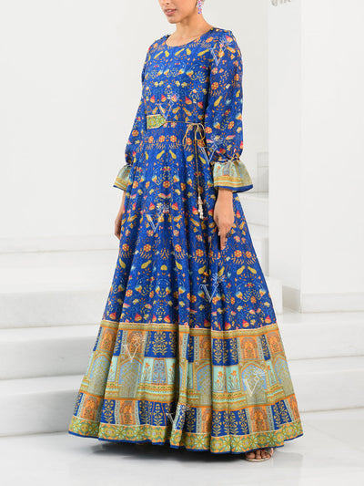 Blue Silk Printed Anarkali Gown