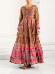 Brown Silk Printed Anarkali Gown